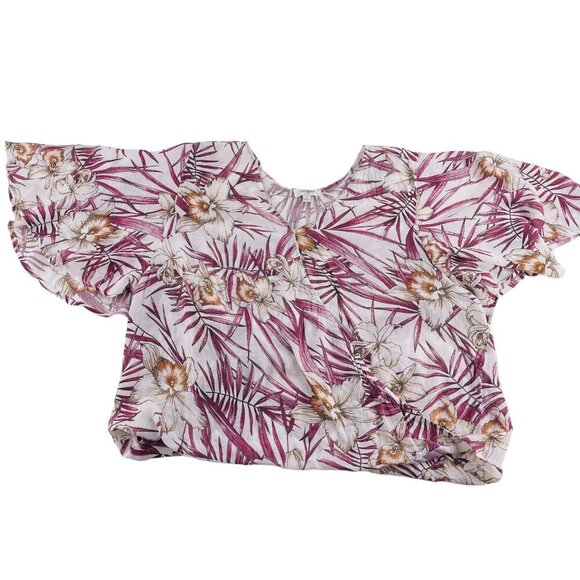 Umgee USA Large Floral Print Blouse Boho Tropical Print Short Ruffled Sleeves - Picture 1 of 5